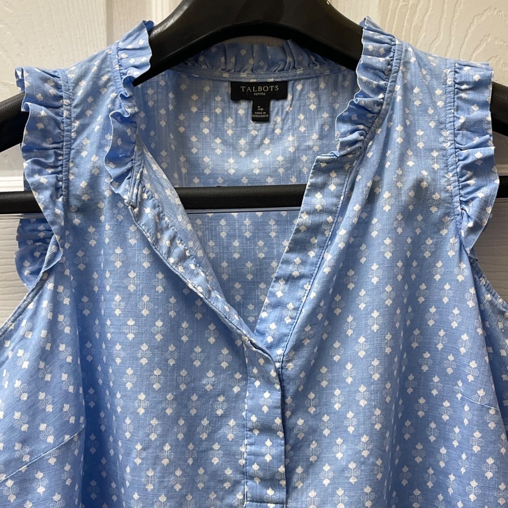 Talbots Women's Petite SP Blue Graphic Cotton Ruffle Neck Sleeveless Top